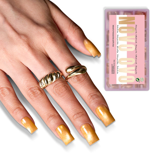 Short Sharp Square Cat Eye Nail Tips Golden Brown