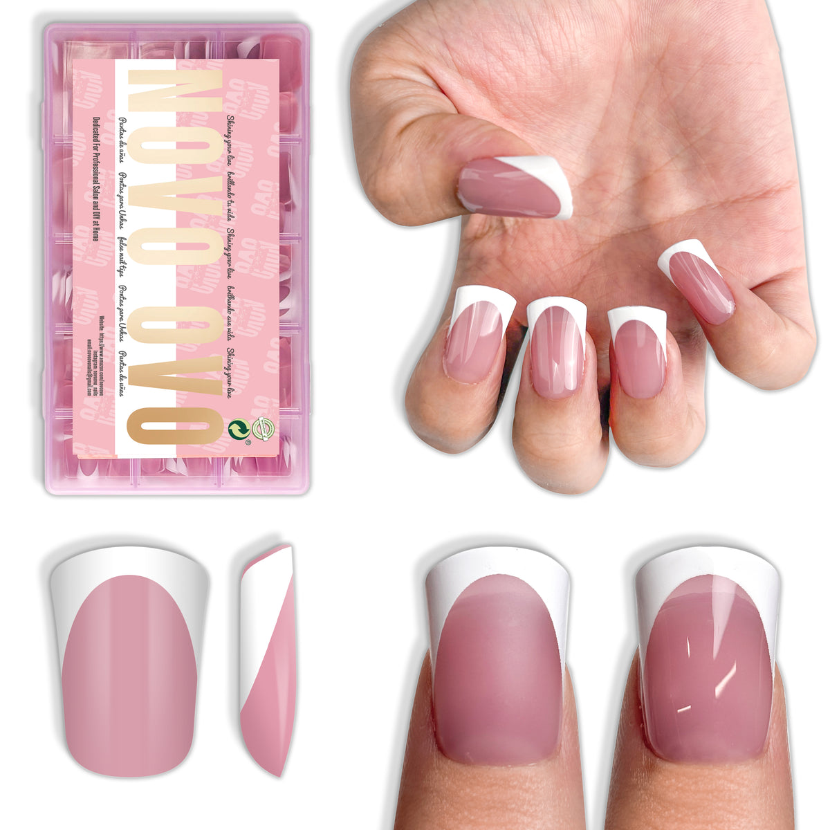 Short Round Duck Nail Tips White French Tips Berry Pink 240