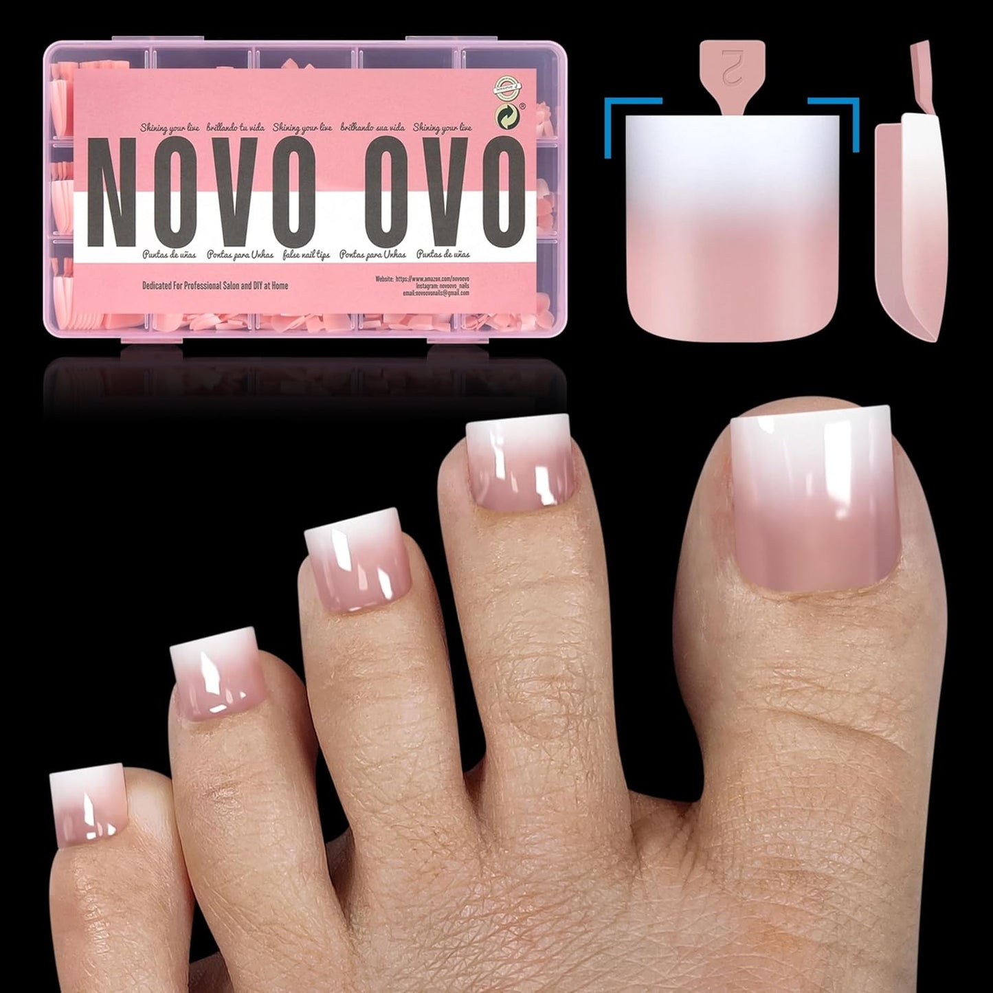 Sharp Square Toe Nail Tips Ombre Baby Pink 15 Sizes 240 Pcs