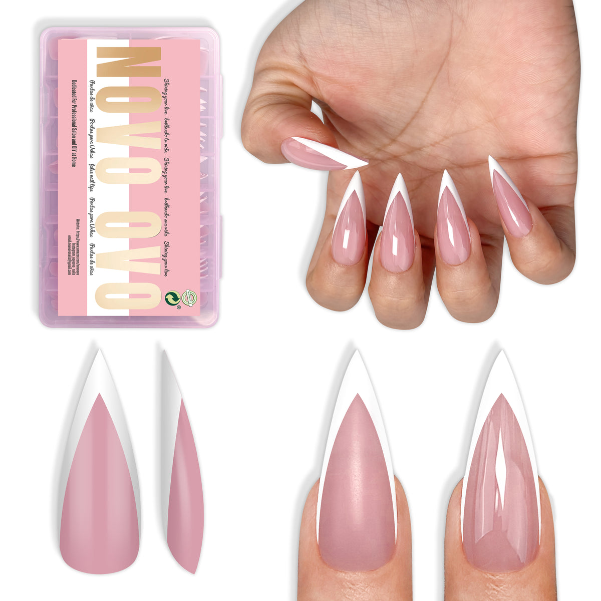 White V Shape French Tip Medium Sharp Stiletto Nail Tips Berry Pink