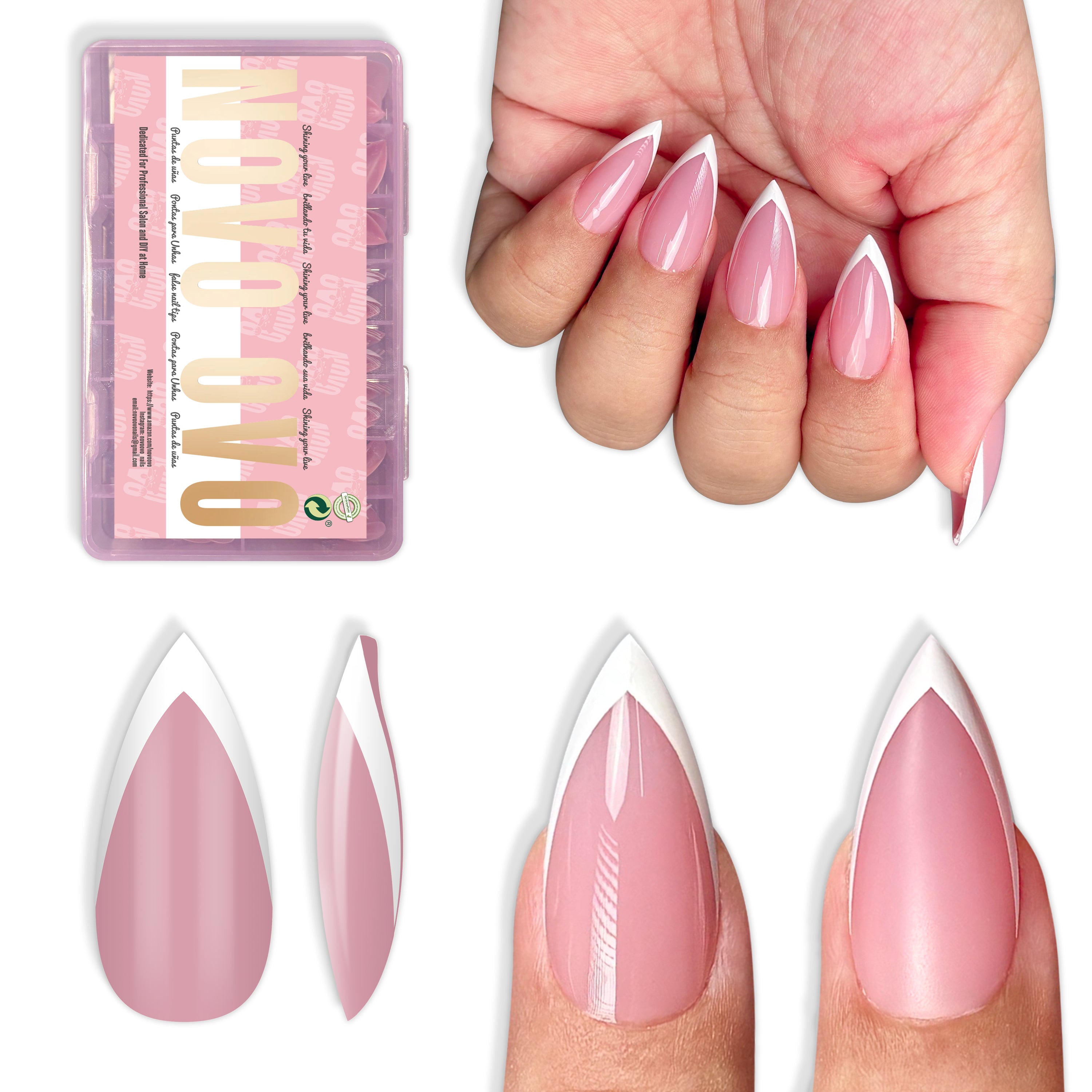 White V Shape French Short Sharp Stiletto Nail Tips Berry Pink