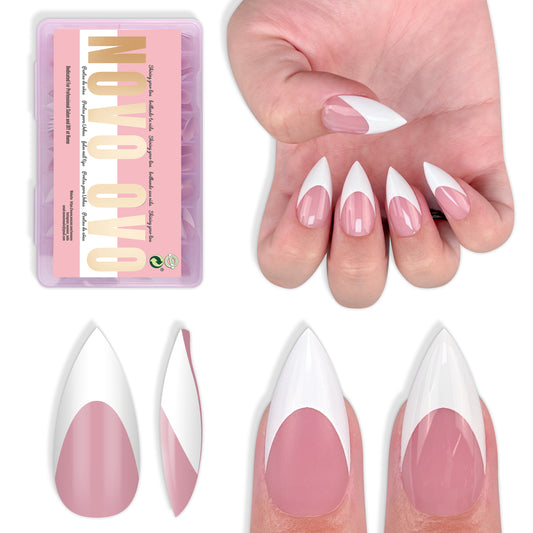 Short Sharp Stiletto White French Tip Nail Tips Berry Pink 160