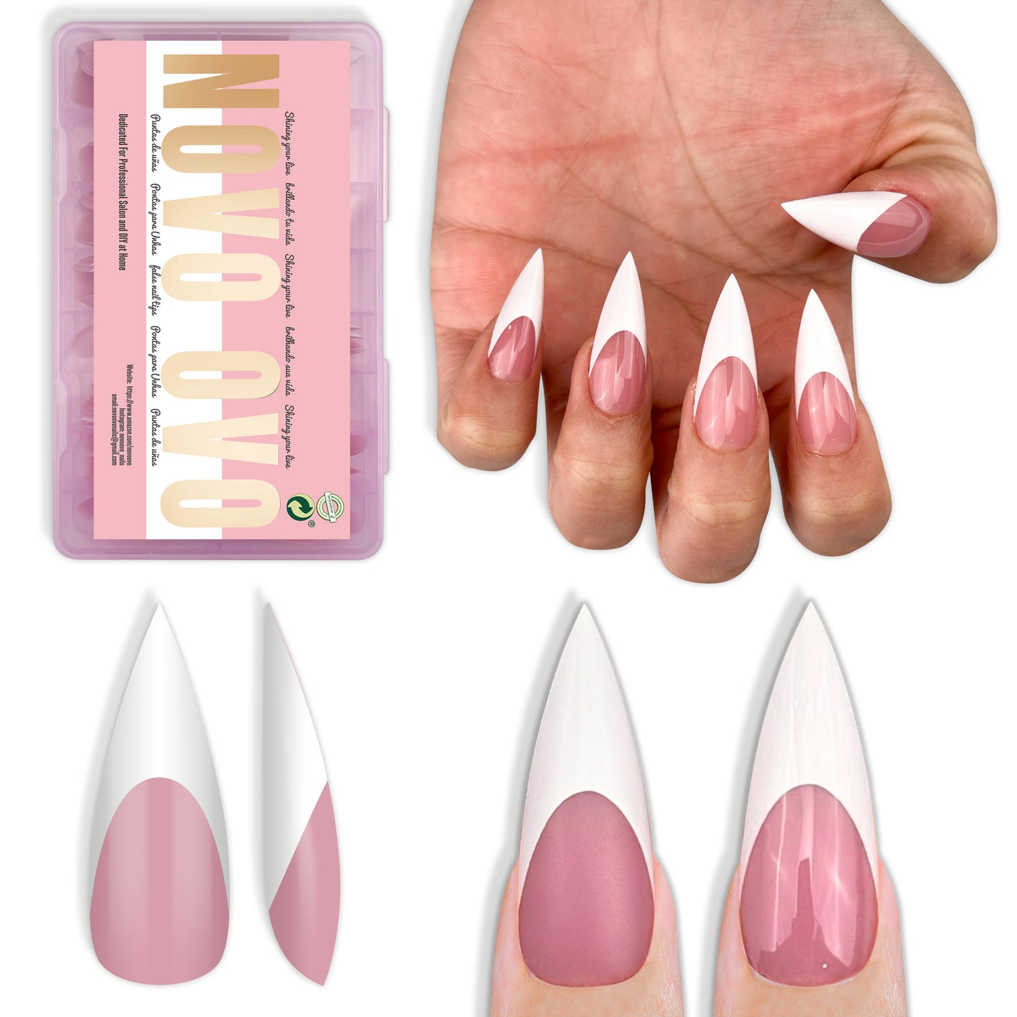 Medium or Long White French Tip Sharp Stiletto Nail Tips Berry Pink