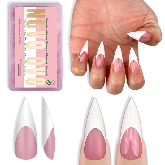 Medium or Long White French Tip Sharp Stiletto Nail Tips Berry Pink