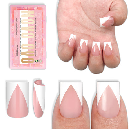 White V Shape French Short Square Nail Tips Baby Pink 240