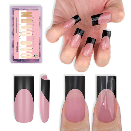Meidum Sharp Square Black French Tip Naili Tips Berry Pink 180