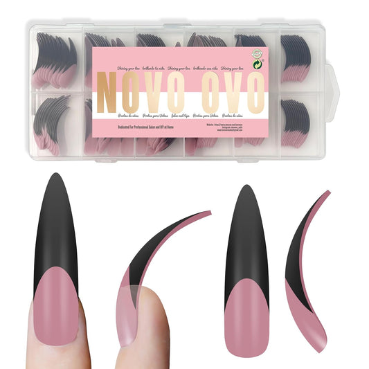 Halloween Black XXL Curved Stiletto Almond Black French Tip Nail Tips