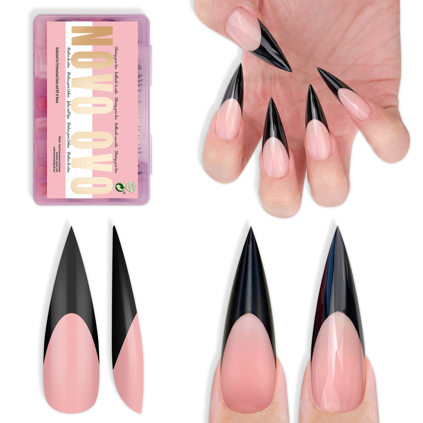 Long XL Sharp Stiletto Black French Tip Nail Tips Baby Pink