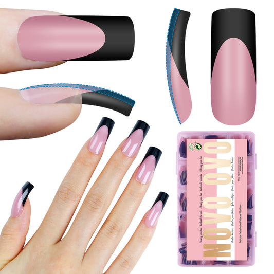 Halloween Black M Curved Square Nail Tip Black French Tips Berry Pink