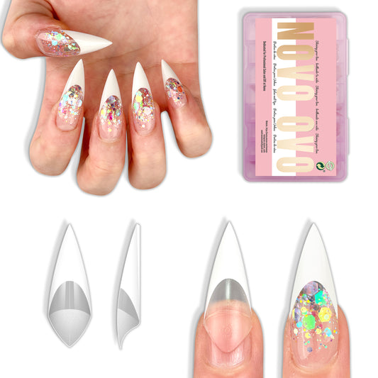 V Shape Half Cover Stiletto White French Tip Nail Tips 160