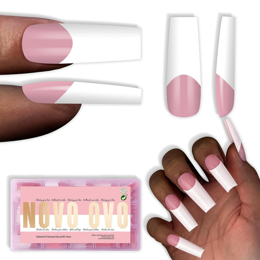 Square Long Wide White French Tip Berry Pink
