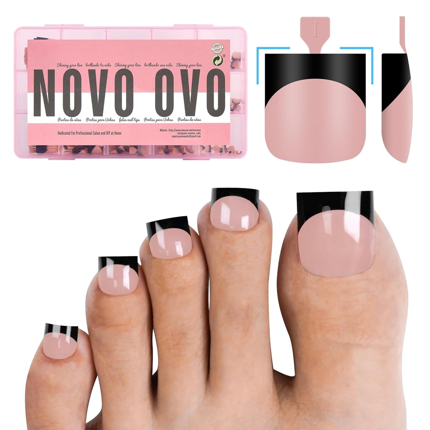 Halloween Black Sharp Square Toe Nail Black French Tips Baby Pink