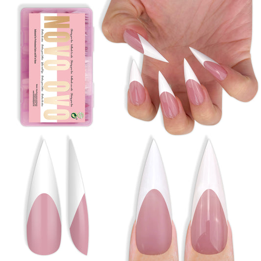 Long XL Sharp Stiletto White French Tip Nail Tips Berry Pink