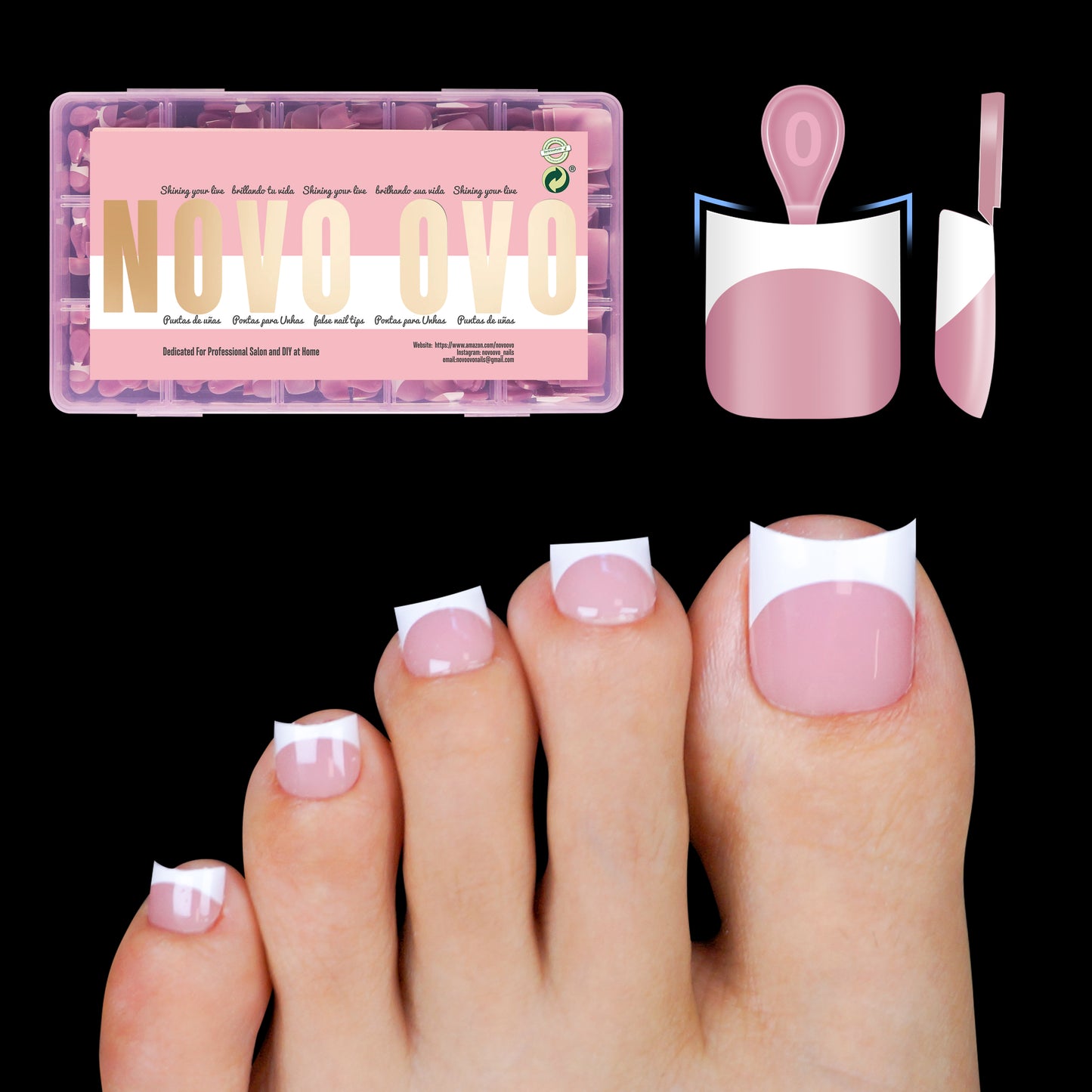 Halloween Short Sharp Square Toe Nail Tips with Moon Curve White French Tip Berry Pink