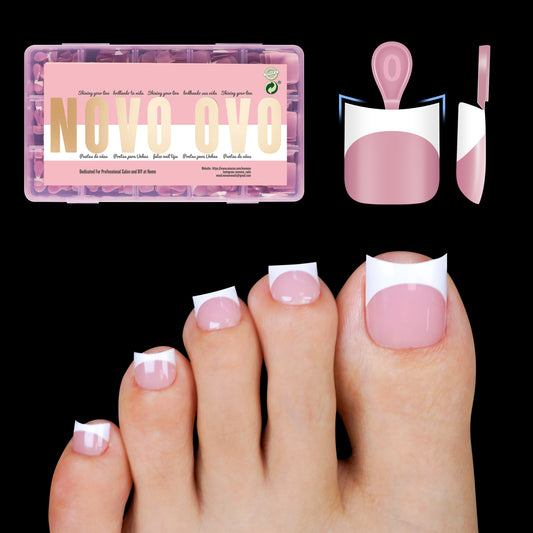 Halloween Short Sharp Square Toe Nail Tips with Moon Curve White French Tip Berry Pink