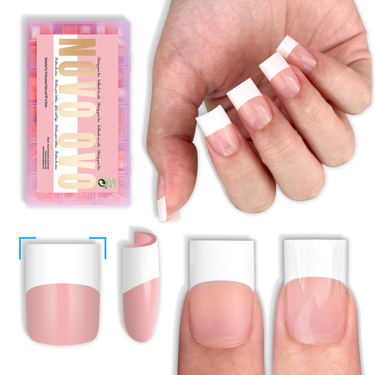 Short Sharp Square Nail Tips Wide White French Tip Baby Pink