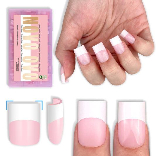 Short Sharp Square Nail Tips Wide White French Tip Milky Pink