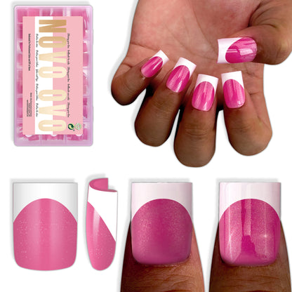 Short Sharp Square Nail Tips White French Tip Rose Pink