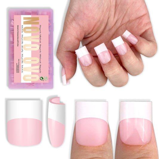 Short Sharp Square Nail Tips Wide White French Tip Milky Pink