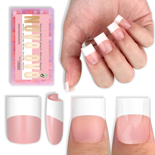 Short Sharp Square Nail Tips Wide White French Tip Baby Pink