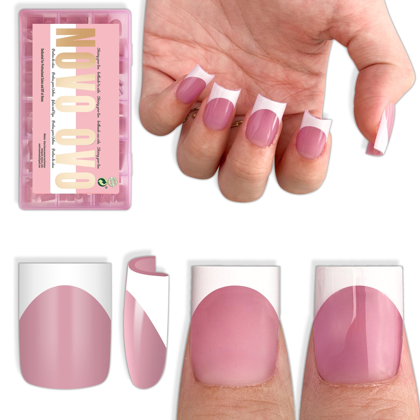 Short Sharp Square Nail Tips White French Tip BERRY PINK