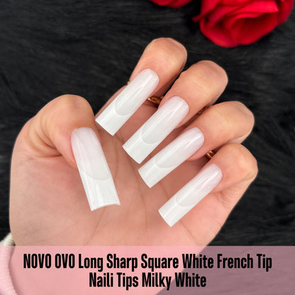 Long Sharp Square White French Tip Nail Tips Milky White