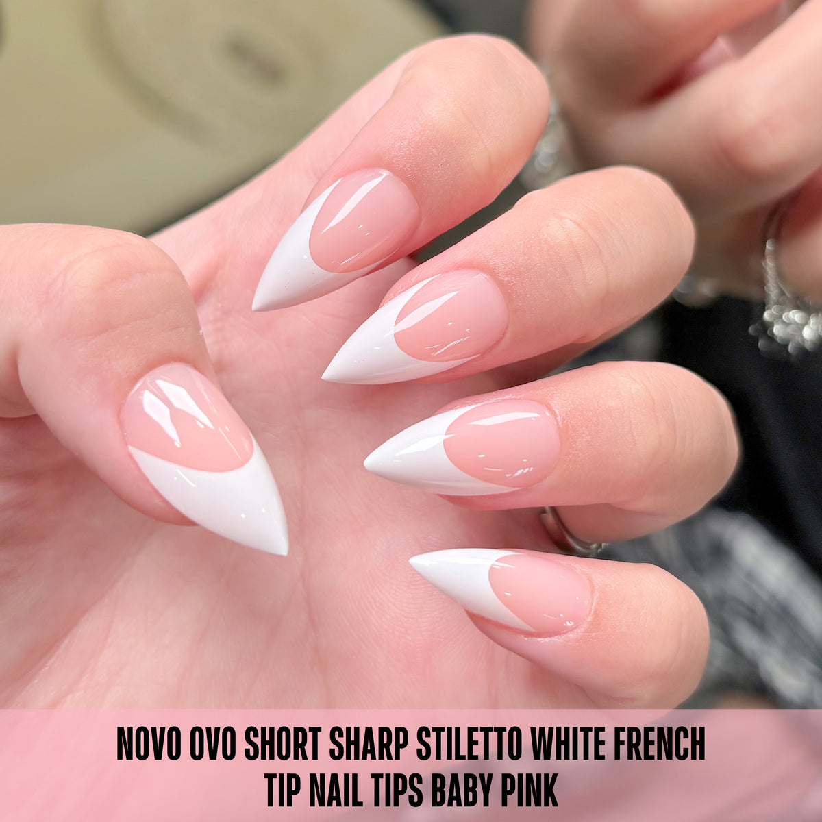 Short Sharp Stiletto White French Tip Nail Tips Baby Pink 160