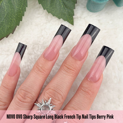 Long Sharp Square Black French Tip Nail Tips Berry Pink 180