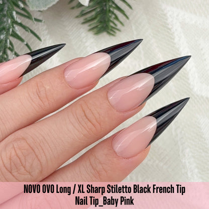 Long XL Sharp Stiletto Black French Tip Nail Tips Baby Pink
