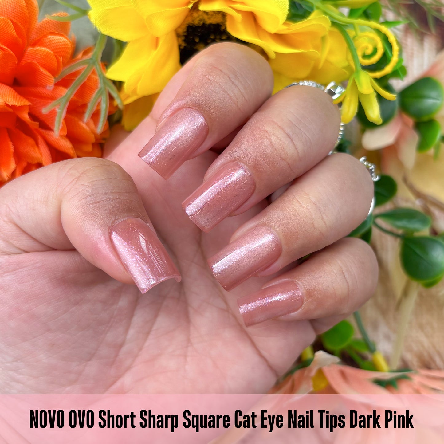 Short Sharp Square Cat Eye Nail Tips Dark Pink