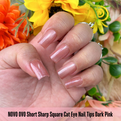 Short Sharp Square Cat Eye Nail Tips Dark Pink
