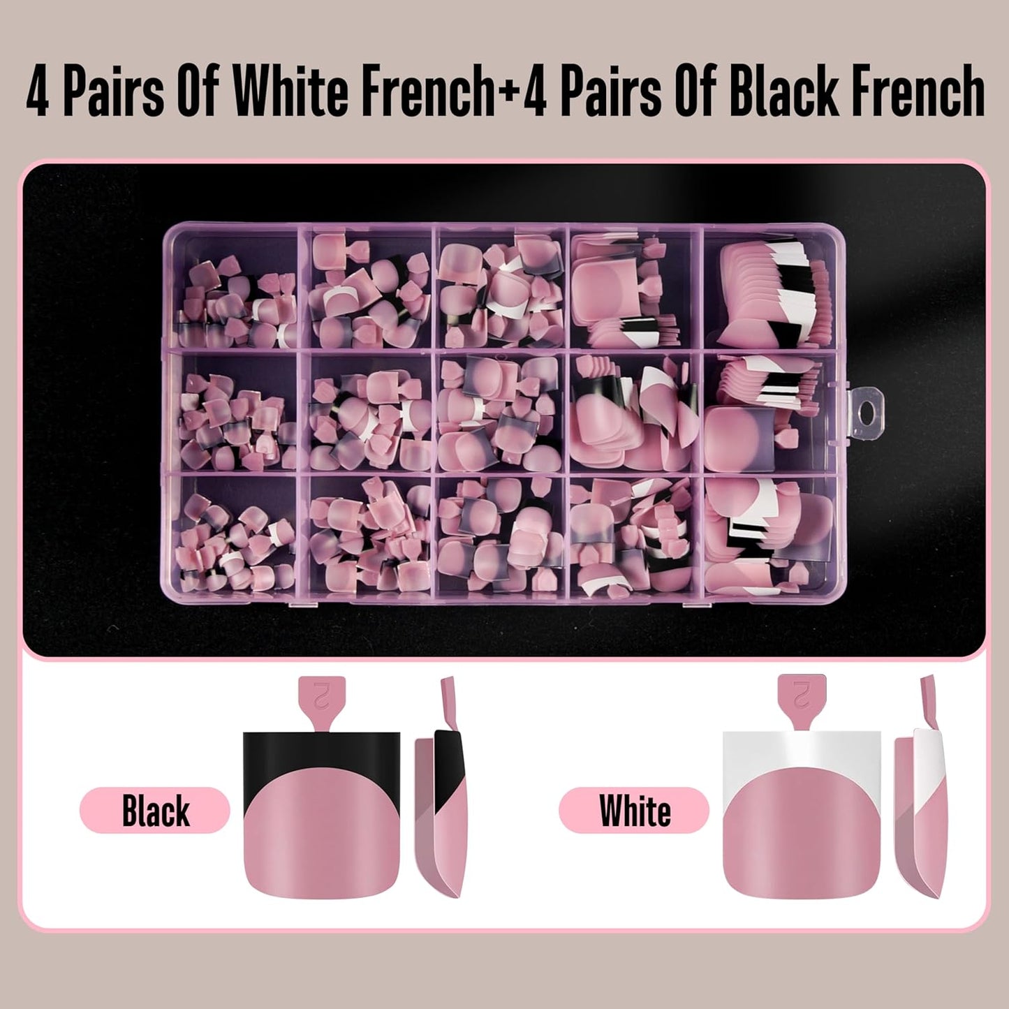 Halloween Black Sharp Square Toe Nail Black and White French Tips Mix