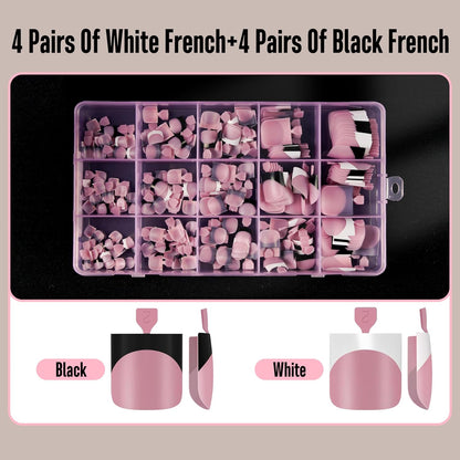 Halloween Black Sharp Square Toe Nail Black and White French Tips Mix