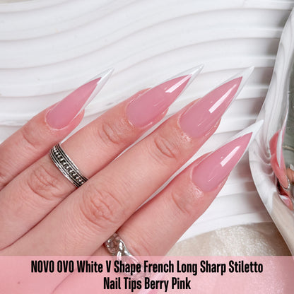 White V Shape French Long Sharp Stiletto Nail Tips Berry Pink