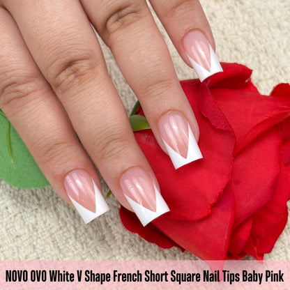 White V Shape French Short Square Nail Tips Baby Pink 240