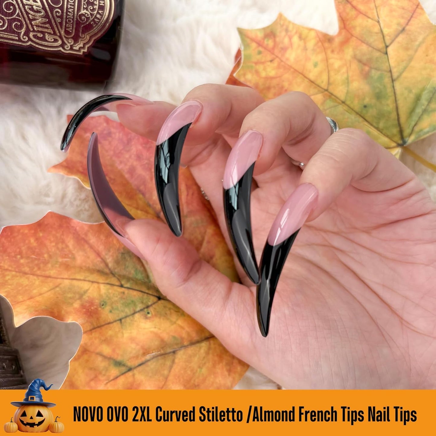 Halloween Black XXL Curved Stiletto Almond Black French Tip Nail Tips