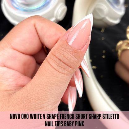 White V Shape French Short Sharp Stiletto Nail Tips Baby Pink