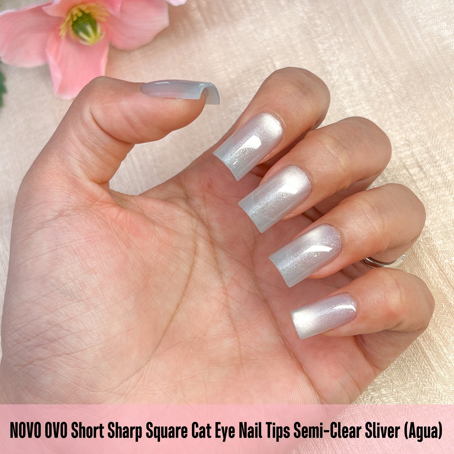 Short Sharp Square Cat Eye Nail Tips Semi-Clear Sliver (Agua)