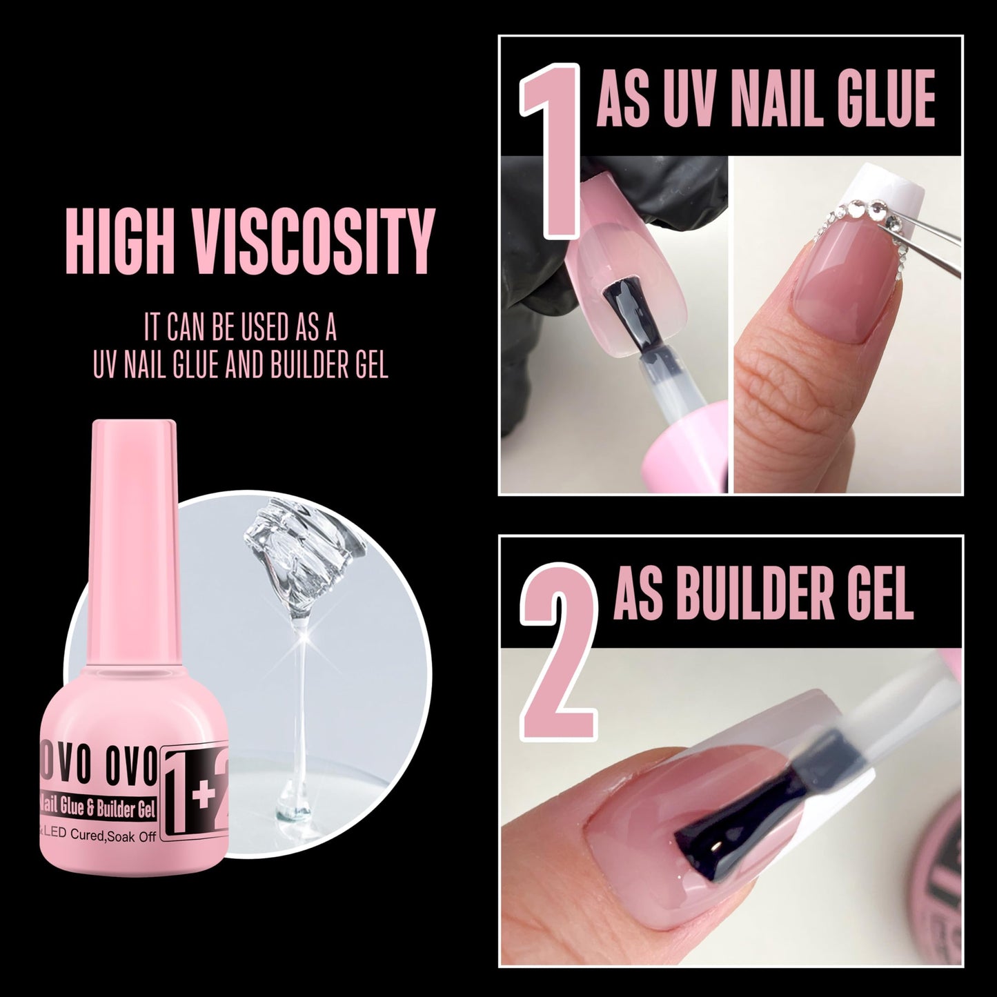 UV Nail Glue and Builder Gel 2 in 1, No Wipe Top Coat Kit