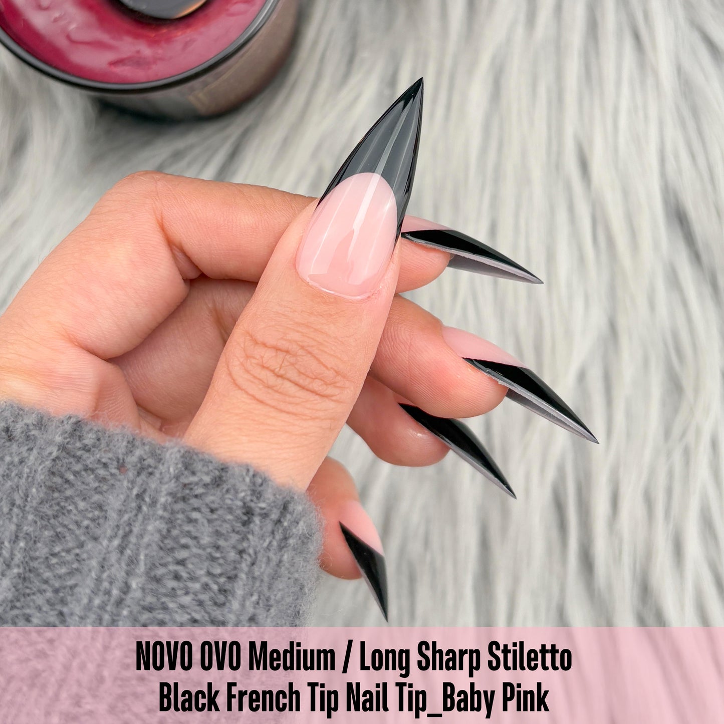 Medium or Long Black French Tip Sharp Stiletto Nail Tips Baby Pink