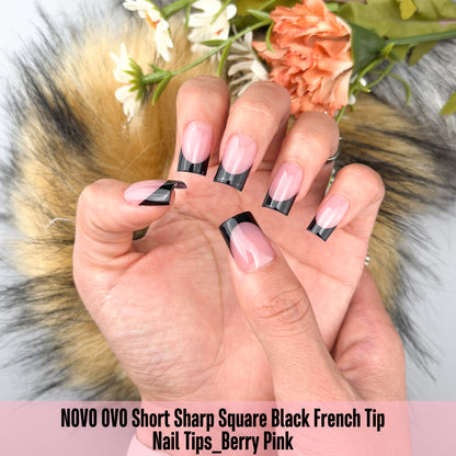 Short Sharp Square Nail Tips Black French Tip BERRY PINK