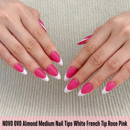 Medium Almond White French Tip ROSE PINK