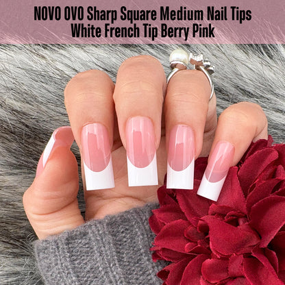 Medium Sharp Square White French Tip Nail Tips Berry Pink 180