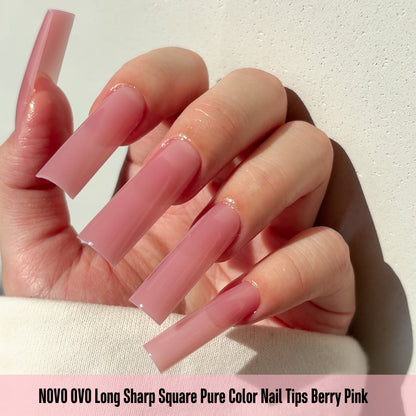 Long Sharp Square Pure Color Nail Tips Berry Pink 180