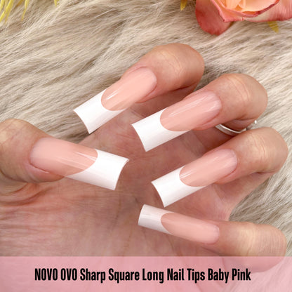 Long Sharp Square White French Tip Nail Tips Baby Pink 180