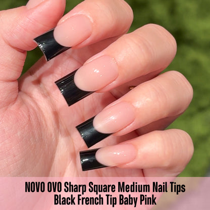 Meidum Sharp Square Black French Tip Nail Tips Baby Pink 180