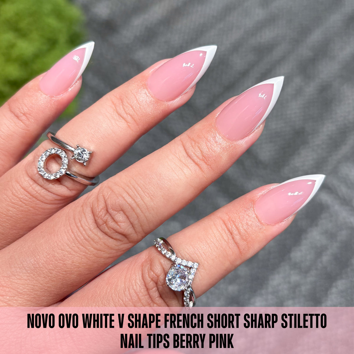 White V Shape French Short Sharp Stiletto Nail Tips Berry Pink