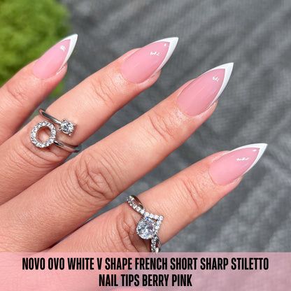 White V Shape French Short Sharp Stiletto Nail Tips Berry Pink