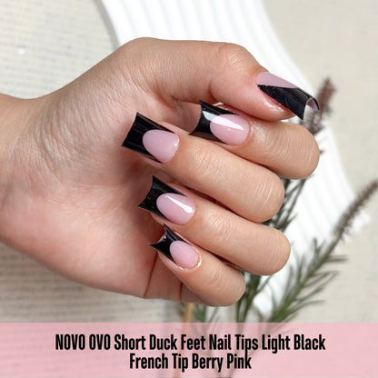 Duck Nails Short with Moon Curve Black French Tips Berry Pink