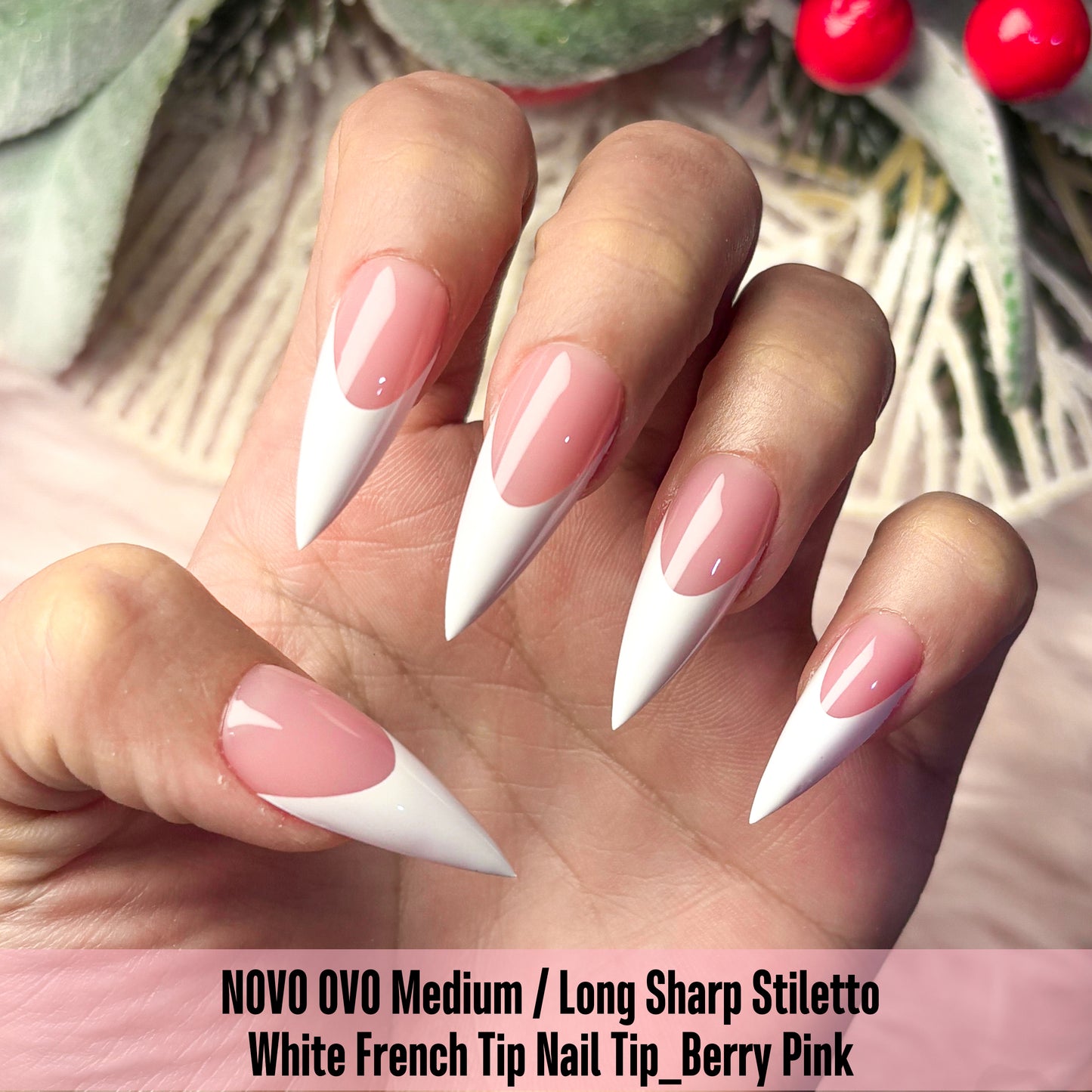 Medium or Long White French Tip Sharp Stiletto Nail Tips Berry Pink